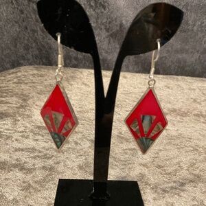 Vintage Alpaca Mexico Sterling Silver Earrings with Red Coral and Abalone Shell